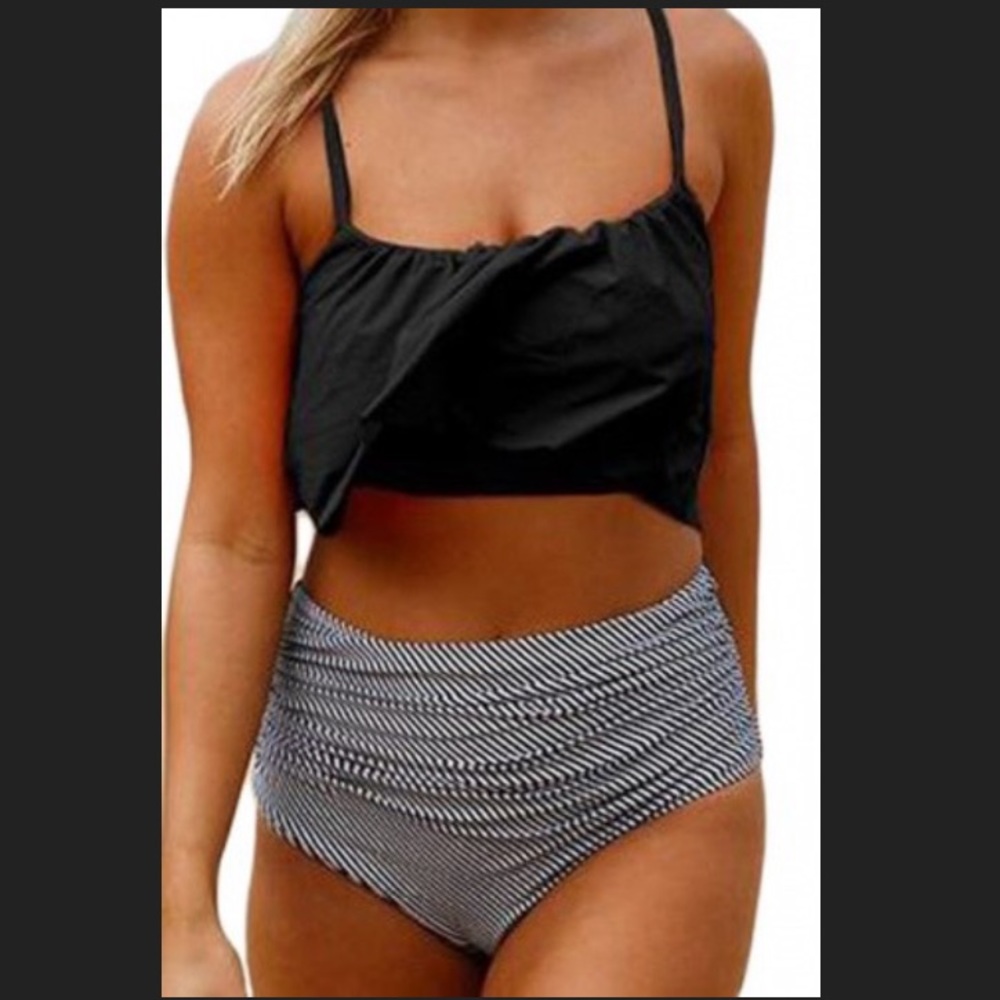 Black top striped bottom high waist bikini